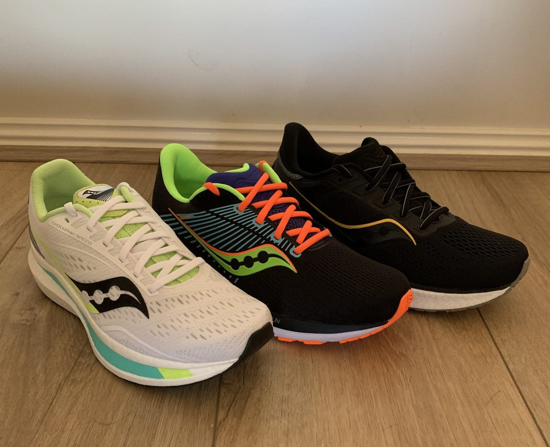 Three pair lineup of Saucony running shoes