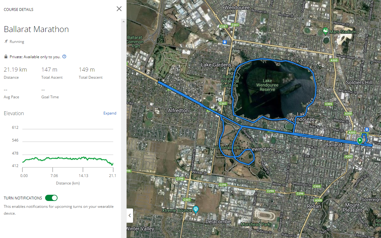 Ballarat Marathon course in Garmin Connect